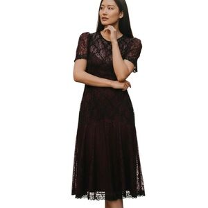 VTG Y2K Burgundy Black Lace MIDI Dress 7/8 FV Back Fit Flare Whimsigoth Witchy